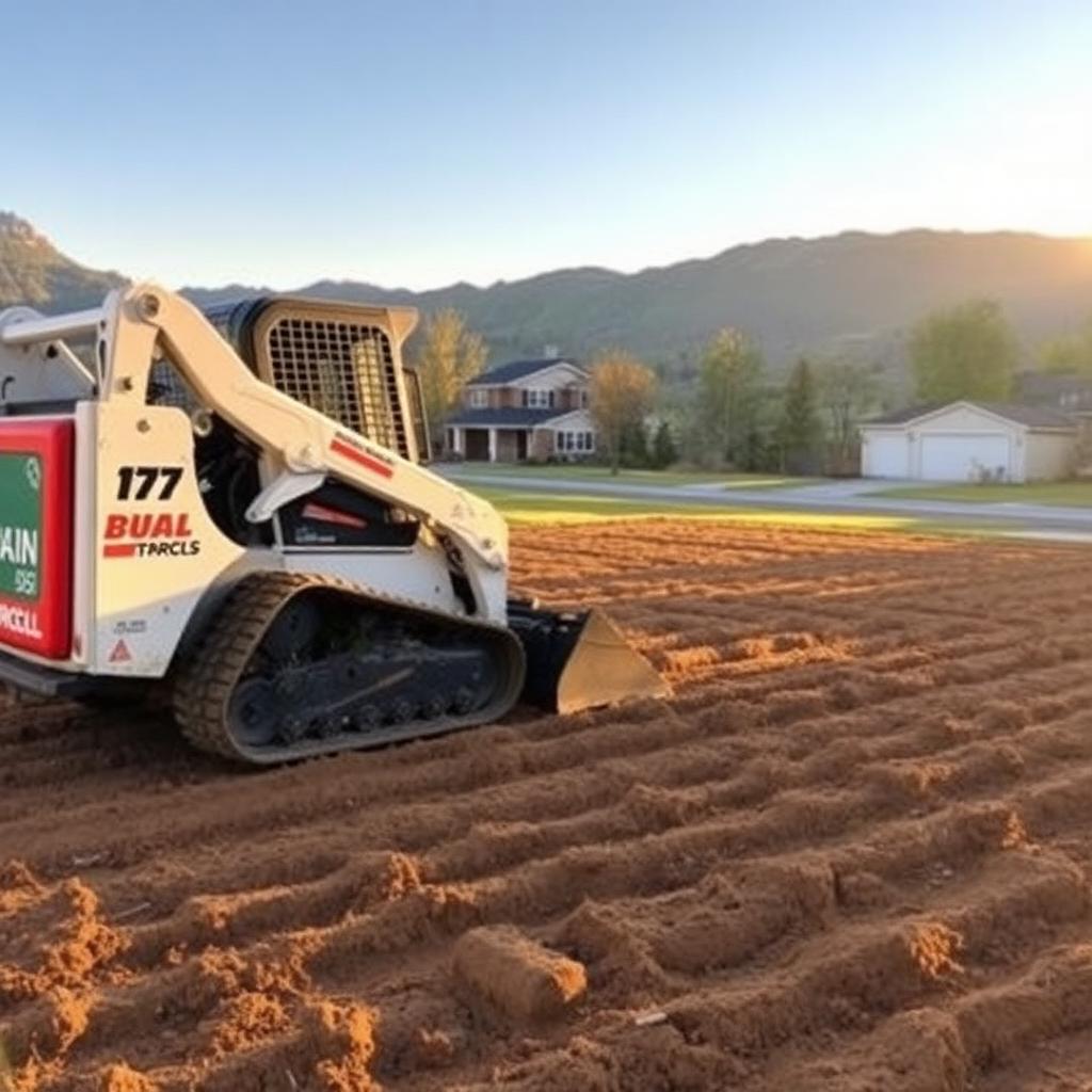 Skid steer grading a residential yard