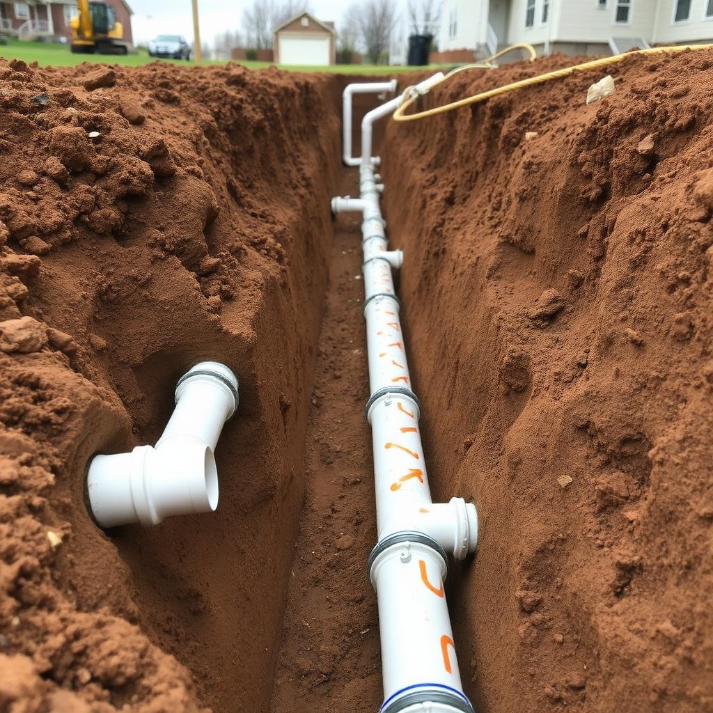 Open trench with new water and sewer lines